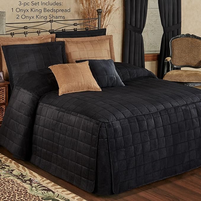 Touch of Class Camden Luxury Bedding | Neutral Onyx Black Color | Grande Fitted Bedspread | Faux Suede Box Quilted Design | Designed 3 Piece Set Includes King Bedspread and 2 King Shams