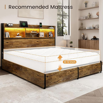 King Storage Bed Frame with 6 Drawers, USB Charging Station, No Noise, No Box Spring Required, Vintage Brown Headboard Platform Bed