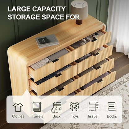 FURSUN Fluted 8 Drawers Dresser for Bedroom, 55" Wide Wooden Dresser with Metal Handle, Curved Profile Design, Modern Storage Organizer for Bedroom, Living Room, Hallway, Natural Oak