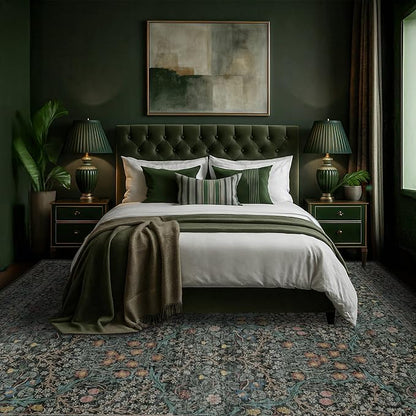 Washable Dark Green Rug for Living Room - 9x12 Large Area Rug for Dining Room Under Table, Bedroom, Soft Low Pile Non-Slip Stain Resistant Carpet - Vintage Floral Design (9x12 Dark Green)