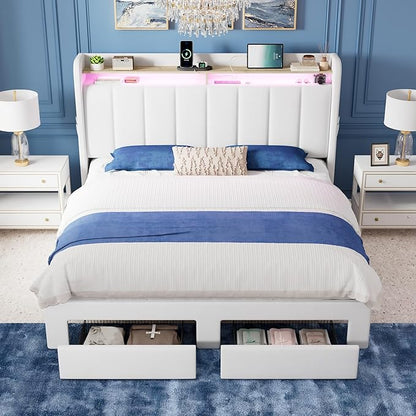 Allewie Velvet Vertical Tufted Full Size Upholstered Platform Bed Frame with 2-Tier LED Storage Headboard & 2 Storage Drawers, USB & Type-C Charging Ports, Noise-Free/No Box Spring Needed, White
