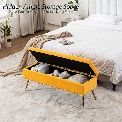 Velvet Storage Bench with Gold Legs& Nailhead Trim, 46" Wide Upholstered Modern Bedroom Bench for End of Bed, Tufted Ottoman for Entryway Living Room Dining Room (Mustard Yellow, 46" Wide)