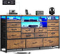 WLIVE TV Stand for 55, 60, 65 inch TV, Entertainment Center with LED Lights & Charging Station, TV Media Console Table with 15 Fabric Drawers and Open Shelves for Living Room, Hallway, Rustic Brown