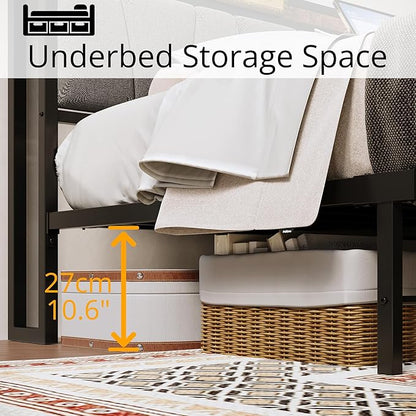 LIKIMIO Queen Bed Frame, Storage Headboard with Charging Station, Solid and Stable, Noise Free, No Box Spring Needed, Easy Assembly