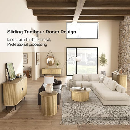 55''W Natural Storage Cabinet, Media Console, Tambour TV Stand, Television Stands with Curvy Edge; Sliding Door, Fluted Cabinet, Buffet Sideboard, Credenza, Table Stand for Living Room, Kitchen