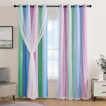XiDi Curtains for Bedroom Decor, Rainbow Green PurpleBlue34/90/1
