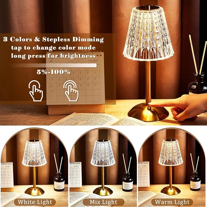 Liliful 6 Pcs Cordless Table Lamp Rechargeable Touch LED Small Gold Portable Battery Operated USB-c Desk Lamp 3 Color Dimmable for Bedroom Living Room Dining (Gold,Classic Style)