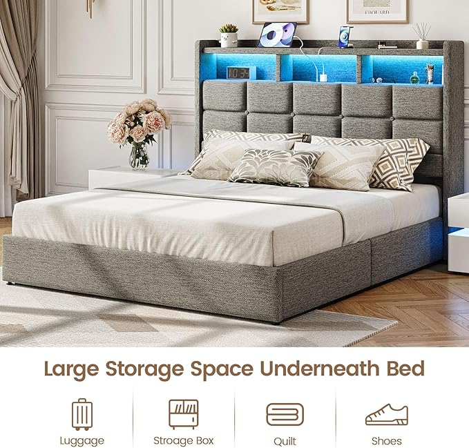 Lift Up Full Size Bed Frame with Storage, Upholstered Full Bed Frame with LED Lights Headboard and Charging Station, No Box Spring Needed, Easy Assembly - Light Grey