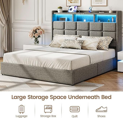 Lift Up Full Size Bed Frame with Storage, Upholstered Full Bed Frame with LED Lights Headboard and Charging Station, No Box Spring Needed, Easy Assembly - Light Grey
