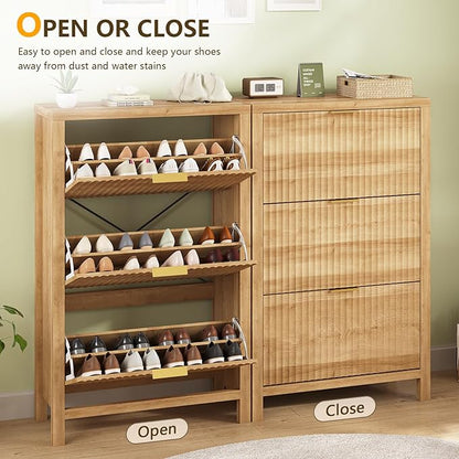 Shoe Cabinet Storage for Entryway, Fluted Shoe Cabinet with 3 Flip Drawers, Hidden Shoe Rack Tall Freestanding Shoe Organizer with Legs for Hallway, Oak