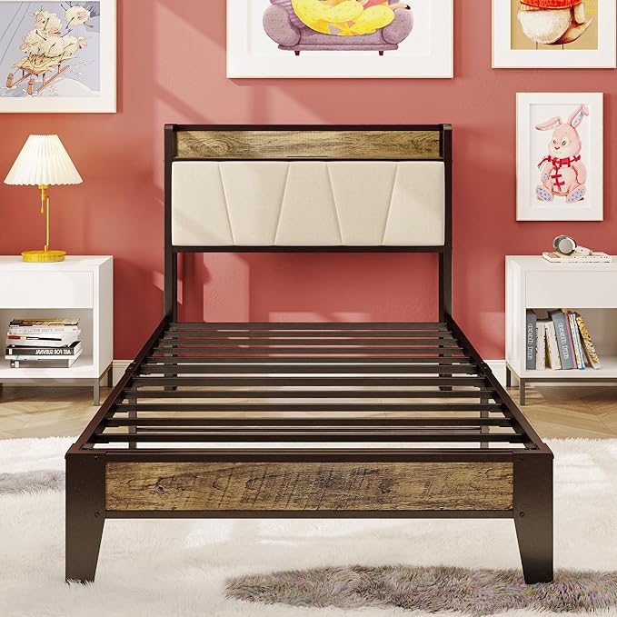LIKIMIO Twin XL Bed Frames, Storage Headboard with Charging Station, Solid and Stable, Noise Free, No Box Spring Needed, Easy Assembly (Walnut and Beige)