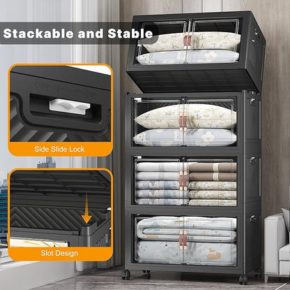 Extra Large Stackable Storage Bins with Lids & Wheels & Door, 640QT-160QT/40GAL*4Pack Foldable Collapsible Closet Organizers, Plastic containers drawers for bedroom Dorm