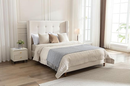 Queen Velvet Bed Frame,Upholstered Platform Bed with Button Tufted Headboard and Nailhead Trim Wingback, Wood Slats Support, No Box Spring Needed, Easy Assembly,Ivory