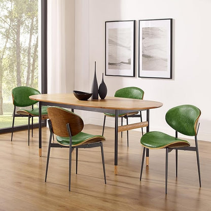Art Leon Dining Chairs Set of 4, Walnut Bentwood, Mid Century Modern Chair, Green Faux Leather Kitchen Dining Room Chairs with Black Metal Legs, Accent Chairs for Bedroom