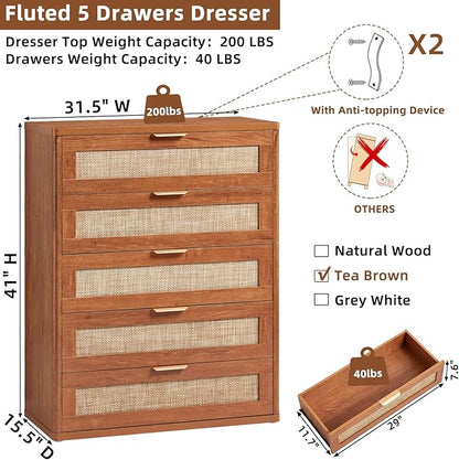 LEYAOYAO Rattan Dresser for Bedroom Set 2, 41" Tall Chest of Drawers, Modern 5 Drawers Boho Dressers with Storage, Light Oak Dresser Wooden Closet Organizer for Living Room, Hallway, Tea Brown