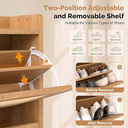 Slim Entryway Shoe Storage Cabinet with 3 Flip Drawers, Modern Freestanding Shoes Organizer Holds 16-20 Pairs, Closed Shoe Storage for Hallway, Foyer - Space-Saving Wood Shoe Cabinet