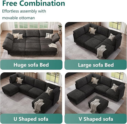 Modular Sectional Sofa with Adjustable Backrest, Convertible L/U-Shaped Sleeper Couch for Living Room, Cloud Sofa Bed Modern Reversible Design, Black