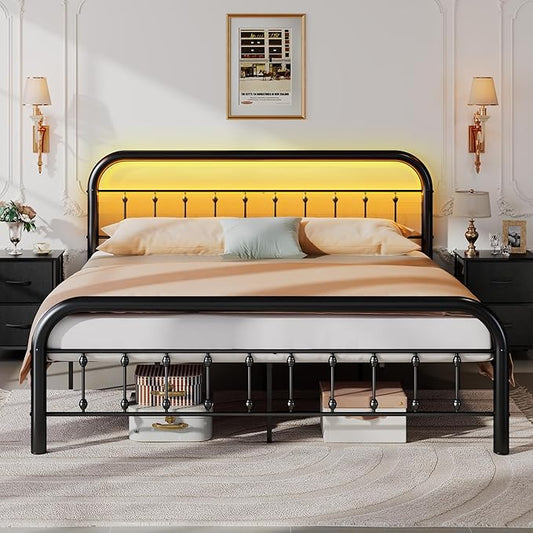 WLIVE Metal Platform Bed Frame, King Size Bed Frame with Headboard, Bed Frames with LED Lights and Charging Station, 1500LBS Mattress Foundation, Under Bed Storage, No Box Spring Needed, Black
