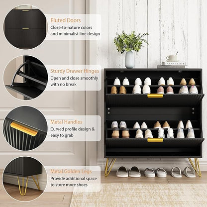 Shoe Cabinet with 2 Flip Drawers, Fluted Black Shoe Storage Cabinets, Hidden Shoe Cabinet Storage for Entryway Slim, Modern Freestanding Shoe Rack Organizer, Black