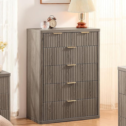 LEYAOYAO Fluted Dressers & Nightstand Set of 4, Wood 48" Wide Dresser & 42" Tall Chest of Drawers,Modern Bedroom Furniture Sets, Grey Wooden Nightstand Set of 2 with 3 Drawers & Charging Station