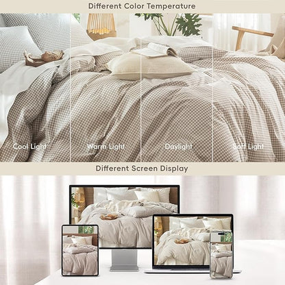 MooMee Gingham Duvet Cover Set 100% Washed Cotton Linen Like Textured Breathable Durable Soft Comfy Modern Checkered Design (Mini Gingham Tannish Linen Grey, Cal King 104"x98")