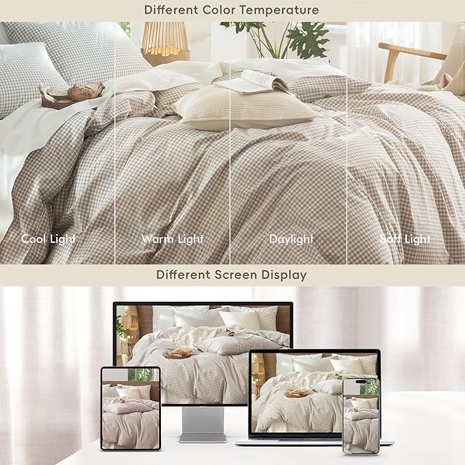 MooMee Gingham Duvet Cover Set 100% Washed Cotton Linen Like Textured Breathable Durable Soft Comfy Modern Checkered Design (Mini Gingham Tannish Linen Grey, Twin 68"x90")