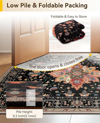 Area Rugs 6ft Washable Non-Slip, Floral Vintage Distress Print Pattern Medallion Carpet for Living Room Bedroom Dining Room, Black Colorful Floral Dark Tan