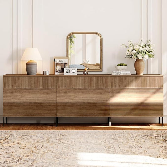 WAMPAT 94.5" W Fluted Dresser for Bedroom, Modern 9 Drawer Dresser TV Stand with Hidden Handles, Wooden Chest of Drawers Closet Clothes Storage Organizer for Bedroom, Living Room, Light Walnut