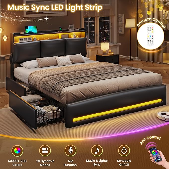 VIAGDO Full Size Bed Frame with Storage Headboard and Charging Station, Leather Upholstered Bed Frame Full Size with 4 Drawers and LED Lights, Type C and USB, No Box Spring Needed, Black