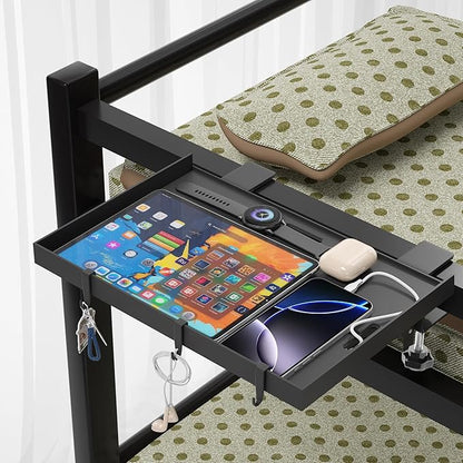 Foldable Bedside Shelf, Metal Clip-On Bed Tray Table for Bunk Bed & Dorm Beds, Dorm Room Essentials Organizer for College Students, Floating Tray, Space Saving Nightstand for Loft Beds (Black, Large)
