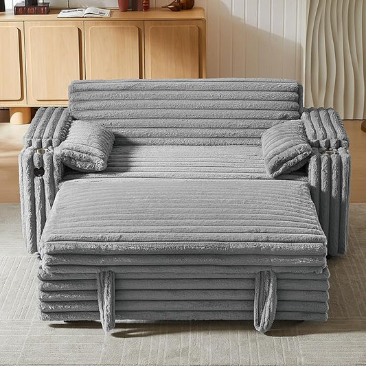 68.11" Corduroy Sleeper Chair Bed with USB Port, Cup Holders & Side Storage Pockets – 3-in-1 Foldable Sofa Bed for Guest Room, Living Room– Gray