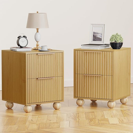 Fluted Nightstand Set of 2, Natural Oak Finish Bedside Table with Spacious Storage Drawers, Night Stand with Solid Wood Round Legs for Bedroom, End Table, Side Table