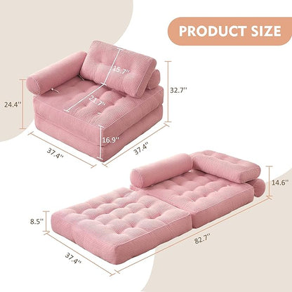 Plus Futon Sofa Bed for Small Spaces, Floor Couch with Armrest, Folding Sofa Couch, Convertible Sleeper Chair Bed with Pillow, Portable Comfy Floor Lounge for Living Room and Bedroom, Pink