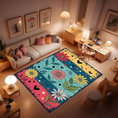 Machine Washable 5' x 8' Folk Art Print Style Area Rug, Flowers Floor mat, Suitable for bedrooms, Girls' Room Bedside, Living Room, Dining Room, Office, Non-Slip Low-Pile Retro, Fashionable Carpet