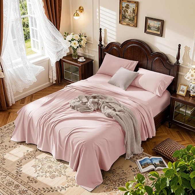 LBRO2M 1000 Thread Count 100% Egyptian Cotton Sheets Set King Size, 4 Piece Sets Bed Sheet Deep Pocket Sheet Set 16" Soft Comfortable All Season (King, Pink)