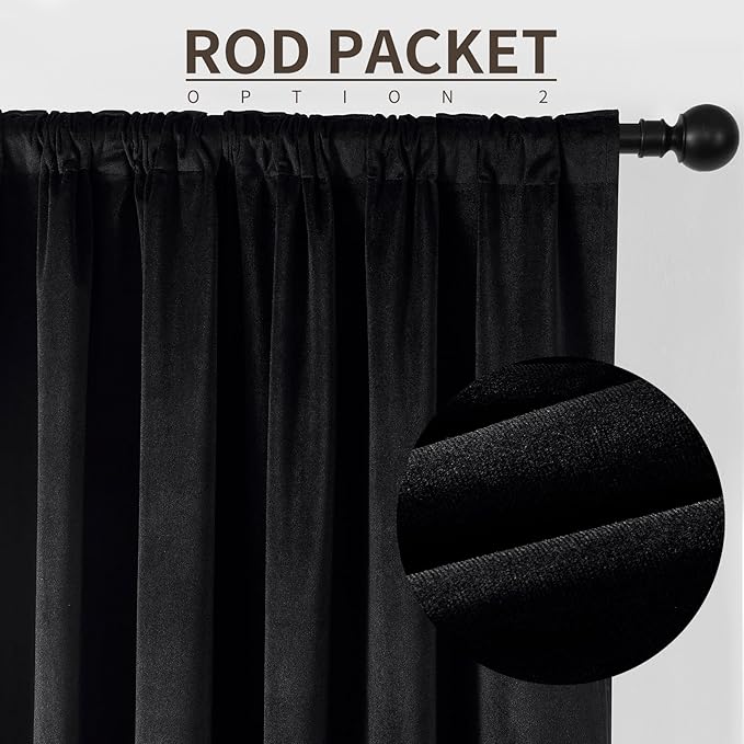 Joydeco 100% Blackout Velvet Curtains for Bedroom 96 Inches Long 2 Panels, Back Tab/Rod Pocket Living Room Drapes, Thermal Insulated Soundproof Heavy Duty Curtains for Windows,52W x 96L,Black