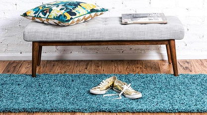 Unique Loom Solid Shag Collection Area Rug (2' 6" x 19' 8" Runner, Deep Aqua Blue)