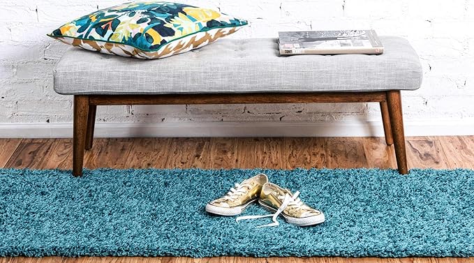 Unique Loom Solid Shag Collection Area Rug (2' 6" x 13' 1" Runner, Deep Aqua Blue)