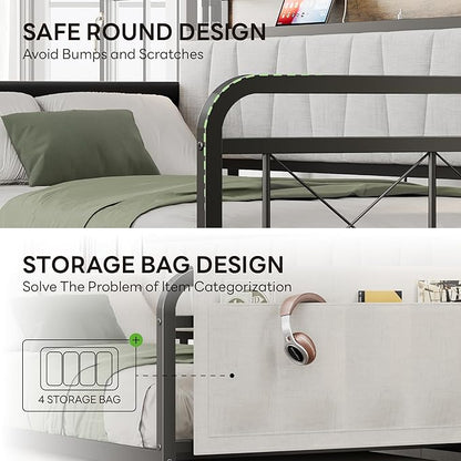 LIKIMIO Daybed with Trundle Bed, Twin Bed Frame with Storage Headboard and Charging Station, Sofa Day Bed with Strong Supports for Living Room, Bedroom, and Guest Room, Beige