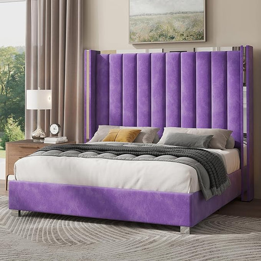 Jocisland King Size Bed Frame with 58" Tall Headboard, Velvet Upholstered Platform Bed with Channel Tufted Wingback Headboard and Plating Trim, No Box Spring Needed, Purple