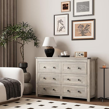 Dresser for Bedroom with 6 Drawers, Farmhouse Wood Chest of Drawers, Wide TV Stand Closet Storage Furniture with Metal Handle, Modern Clothes Organizer for Hallway, Living Room, Entryway, Light Grey