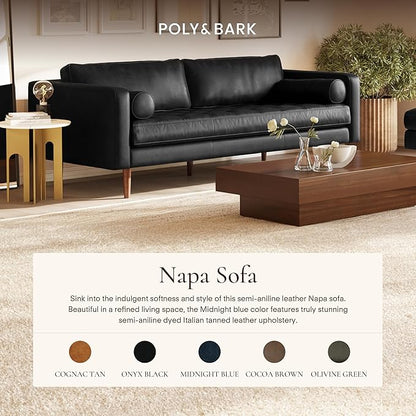 POLY & BARK Napa 88.5" Leather Sofa – Full-Grain Italian-Tanned Aniline Leather, Feather-Down Comfort, Solid Wood Frame, Walnut Legs, Onyx Black