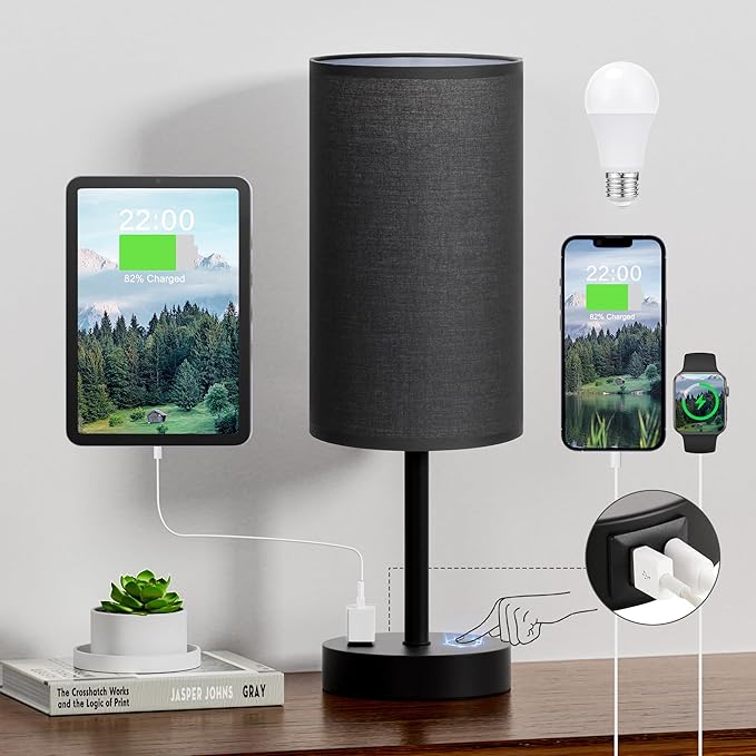 Fenmzee Touch Nightstand Lamp - Black, 3-Way Dimmable, USB A + C Charging, AC Outlet, 17.4inch Medium