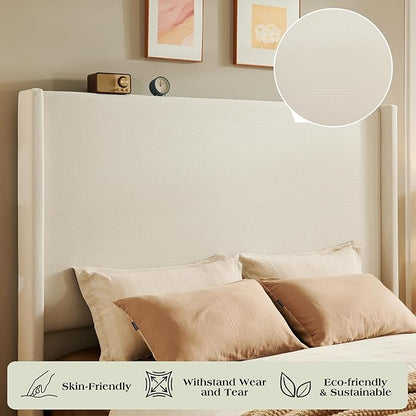 King Bed Frame with 65" Tall Headboard, Horizontal Fine Corduroy Bed Frame with Wingback, Upholstered Platform Bed, Vintage Solid Wood Gourd Legs, No Box Spring Needed, Cream