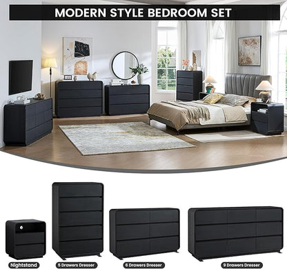 9 Dresser for Bedroom, 57" Wide Vertical Drawer Dresser with Large Storage, Wooden Drawer Closet for Bedroom, Living Room, Black