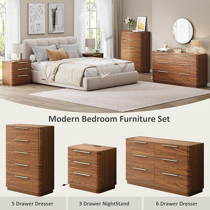 6 Drawer Dresser for Bedroom, 54" Wide Modern Chest of Drawers with Metal Handle, Curved Profile Design, Wooden Walnut Dresser Closet Clothes Storage TV Stand for Living Room, Hallway
