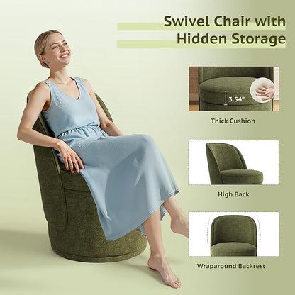 Swivel Accent Chair, 360° Swivel Chair with Hidden Storage, Vanity Chairs, Modern Small Barrel Swivel Armchair for Living Room/Bedroom, Green