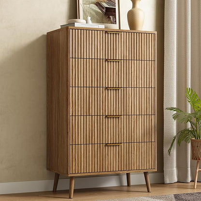 CARPETNAL Fluted 5 Drawers Dresser for Bedroom, 45" Tall Wooden Chest of Drawers with Rounded Corners, Gold Handles, Modern Storage Organizer for Bedroom, Hallway (Walnut)