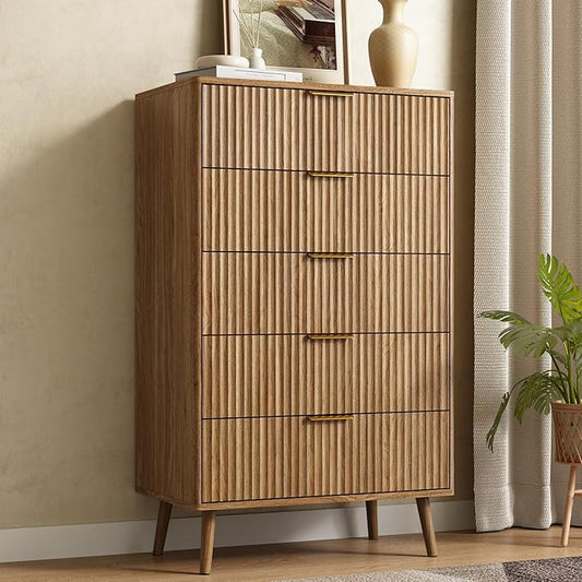 CARPETNAL Fluted 5 Drawers Dresser for Bedroom, 45" Tall Wooden Chest of Drawers with Rounded Corners, Gold Handles, Modern Storage Organizer for Bedroom, Hallway (Walnut)