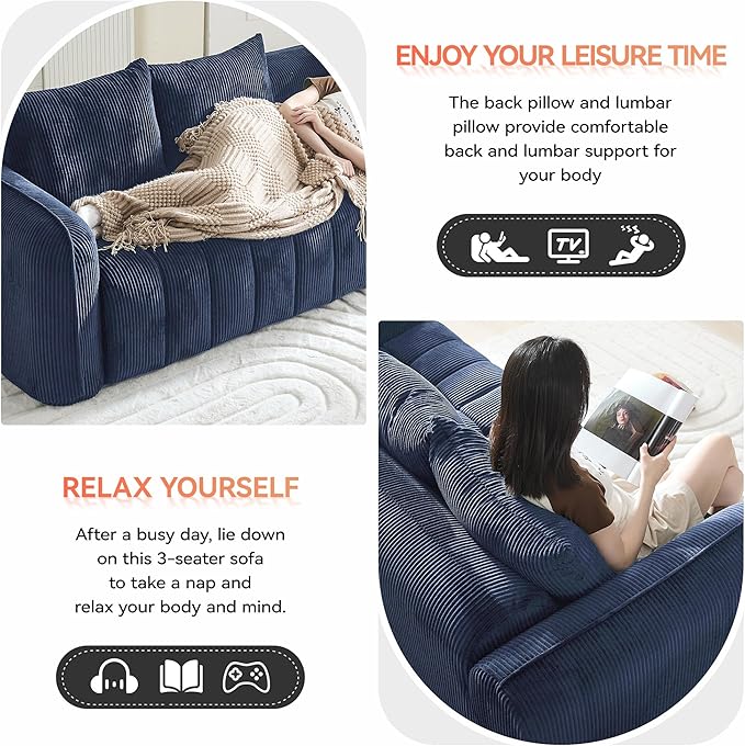 Corduroy Boneless Living Room Sets, Modern Upholstered 3 Seater Sofa with 2 Signle Accent Chairs, Comfy Deep Seat Cloud Sofa Couch Sets for Living Room, Navy